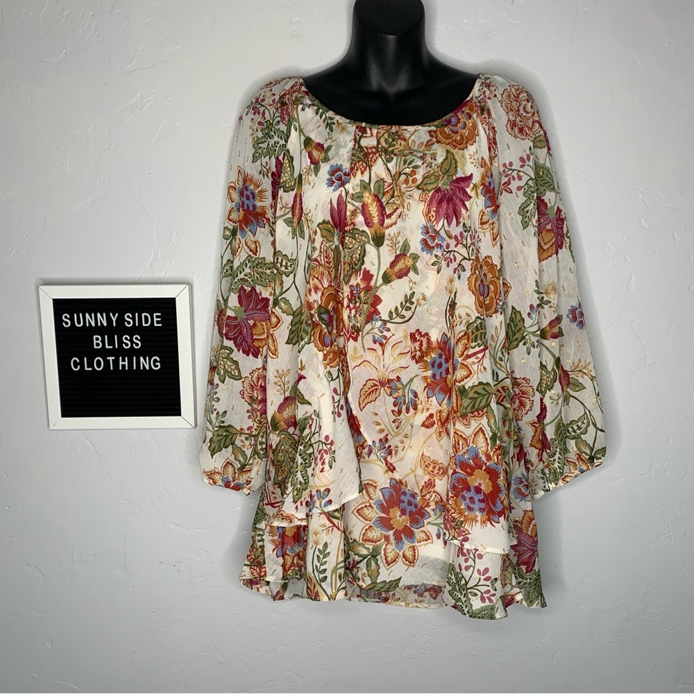 Autras Filles Floral Long Sleeve Blouse 1X Boho Flowy Top Gold Accents